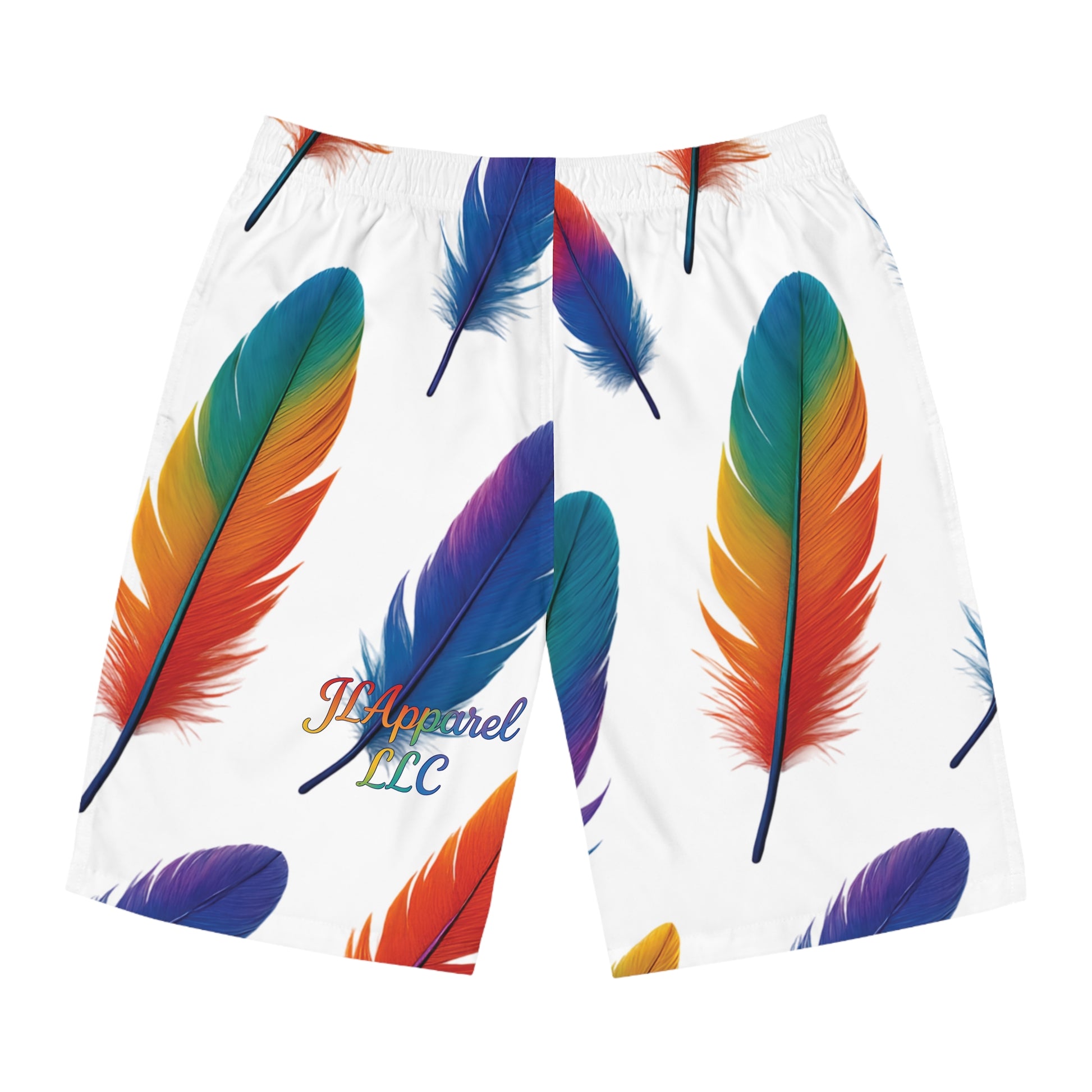 Vibrant Feather Print Men's Board Shorts, Summer Swimwear, Beach Vacation, Pool Party Essentials, LGBTQ+ Pride Apparel