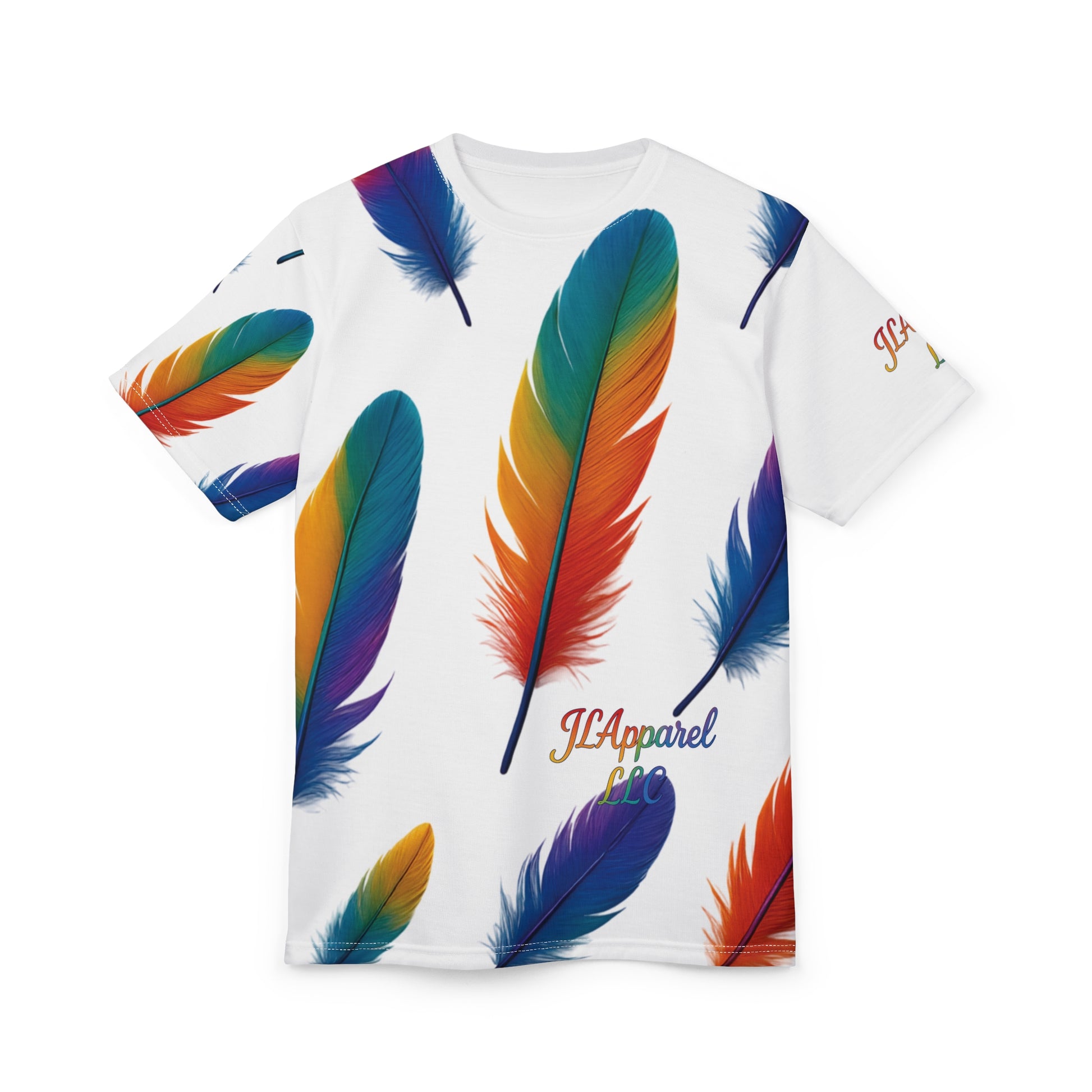 Colorful Feather Unisex Tee, Vibrant AOP T-Shirt for Nature Lovers, Casual Wear, Gift for Friends, Summer Fashion, LGBTQ+ Pride