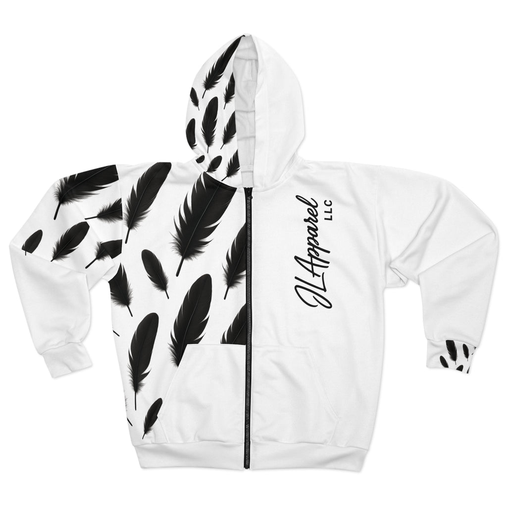 Stylish Feather Print Unisex Zip Hoodie, Casual Wear, Cozy Outerwear, Gifts for Friends, Fashion Statement