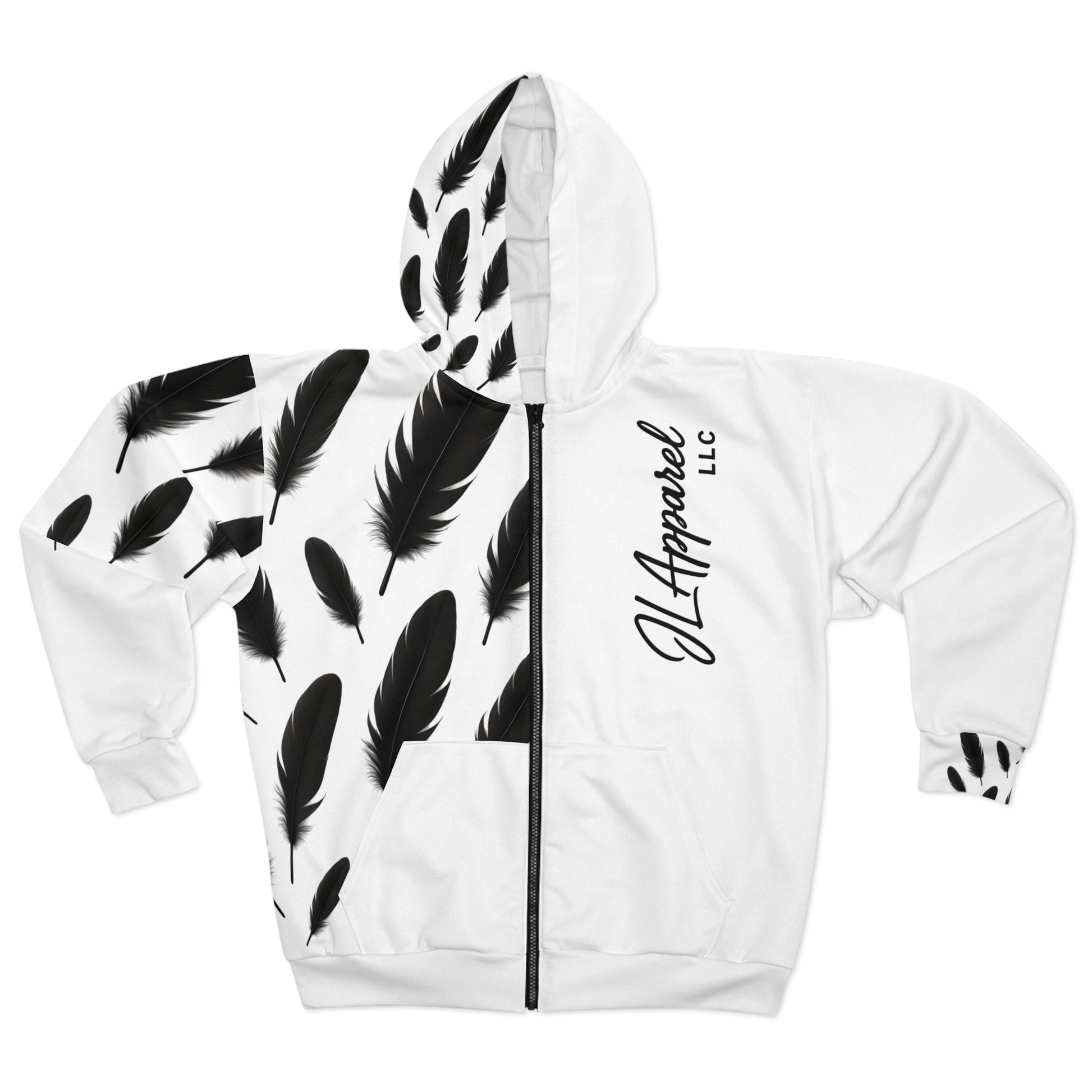 Stylish Feather Print Unisex Zip Hoodie, Casual Wear, Cozy Outerwear, Gifts for Friends, Fashion Statement