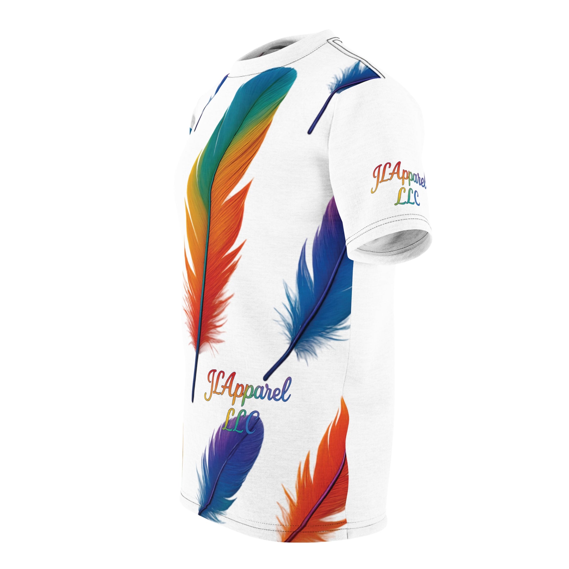 Colorful Feather Unisex Tee, Vibrant AOP T-Shirt for Nature Lovers, Casual Wear, Gift for Friends, Summer Fashion, LGBTQ+ Pride