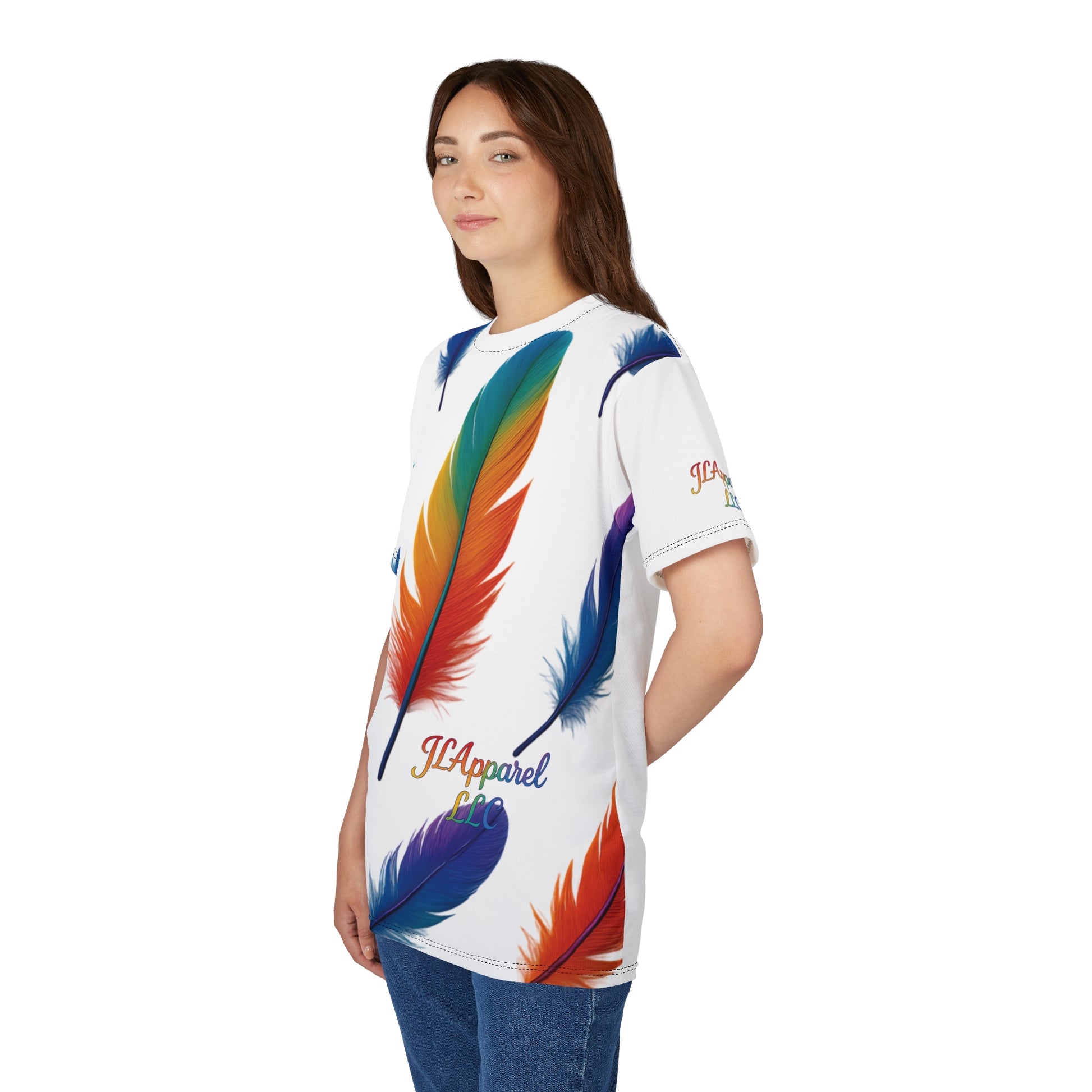 Colorful Feather Unisex Tee, Vibrant AOP T-Shirt for Nature Lovers, Casual Wear, Gift for Friends, Summer Fashion, LGBTQ+ Pride