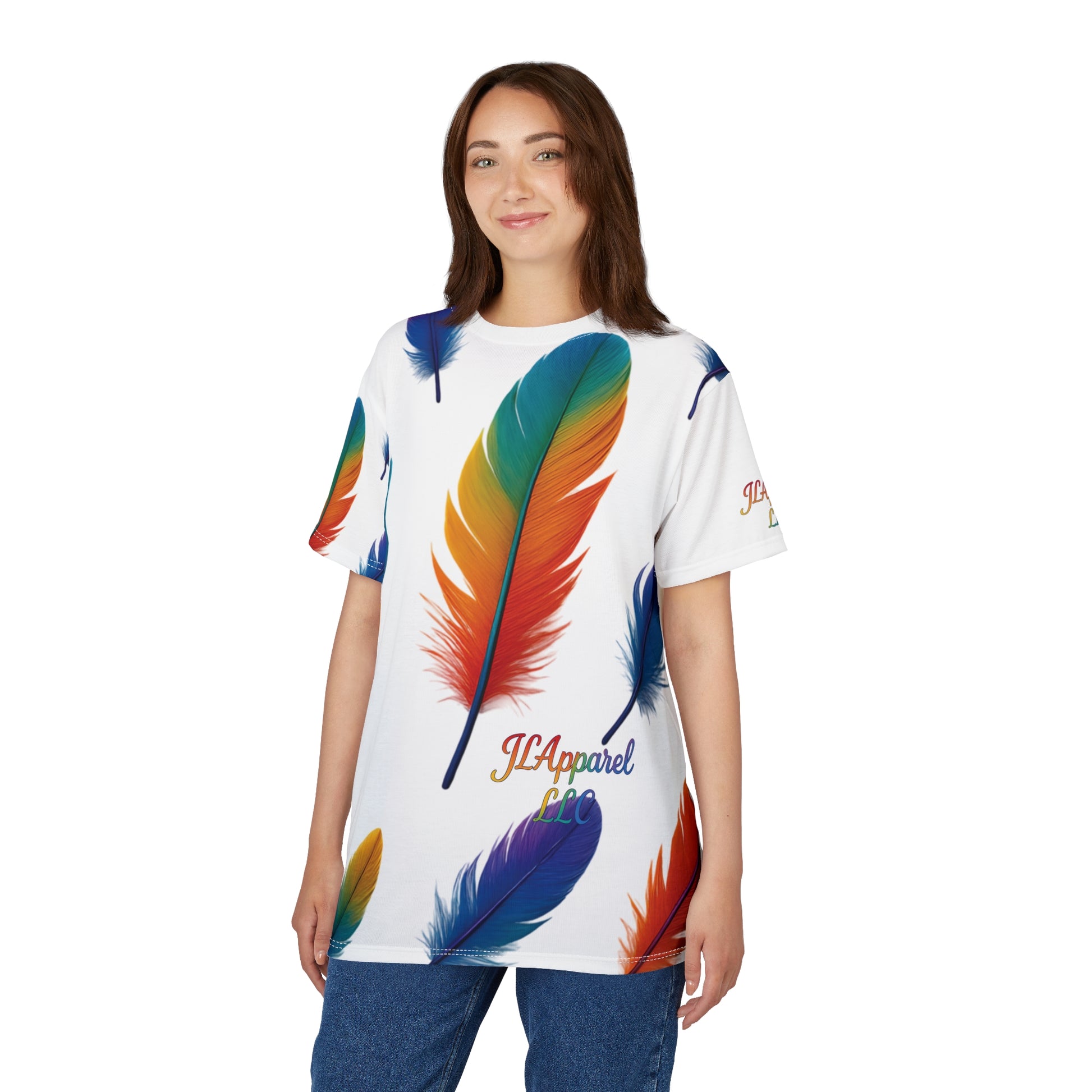 Colorful Feather Unisex Tee, Vibrant AOP T-Shirt for Nature Lovers, Casual Wear, Gift for Friends, Summer Fashion, LGBTQ+ Pride