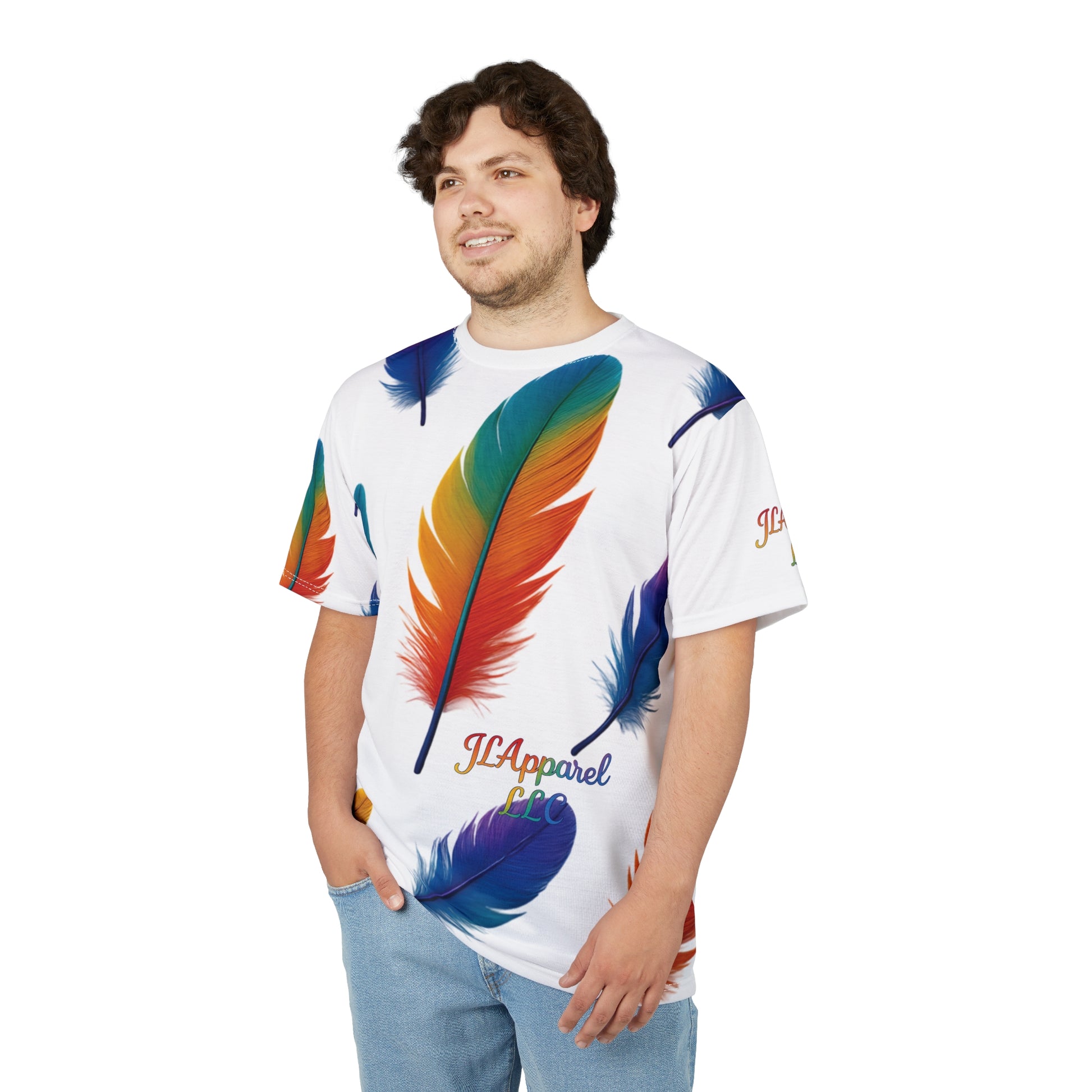 Colorful Feather Unisex Tee, Vibrant AOP T-Shirt for Nature Lovers, Casual Wear, Gift for Friends, Summer Fashion, LGBTQ+ Pride