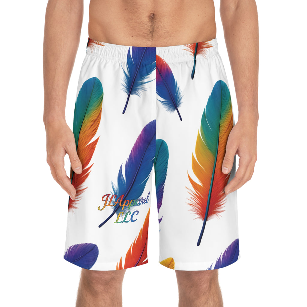 Vibrant Feather Print Men's Board Shorts, Summer Swimwear, Beach Vacation, Pool Party Essentials, LGBTQ+ Pride Apparel