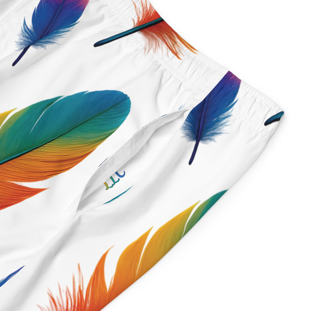 Vibrant Feather Print Men's Board Shorts, Summer Swimwear, Beach Vacation, Pool Party Essentials, LGBTQ+ Pride Apparel