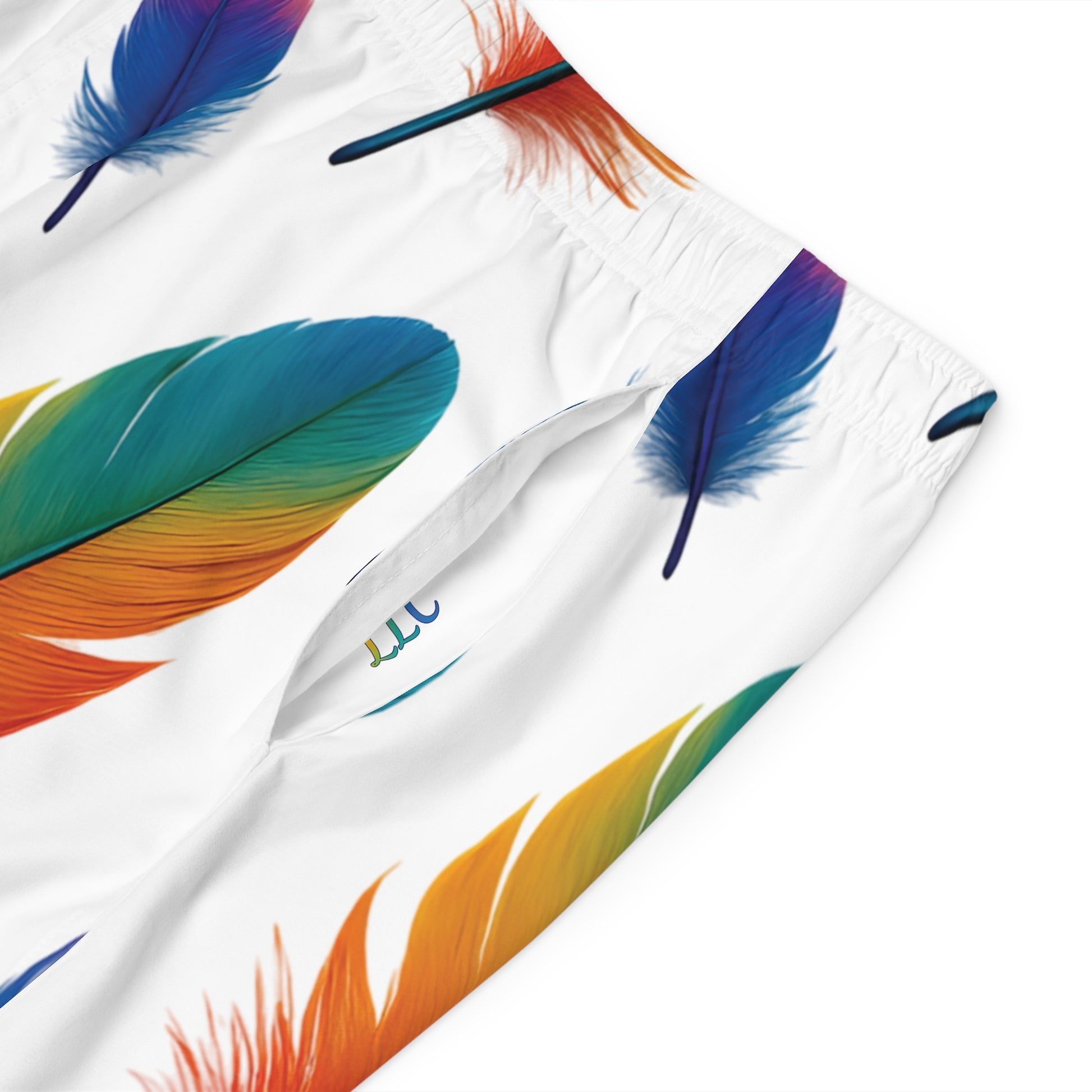 Vibrant Feather Print Men's Board Shorts, Summer Swimwear, Beach Vacation, Pool Party Essentials, LGBTQ+ Pride Apparel