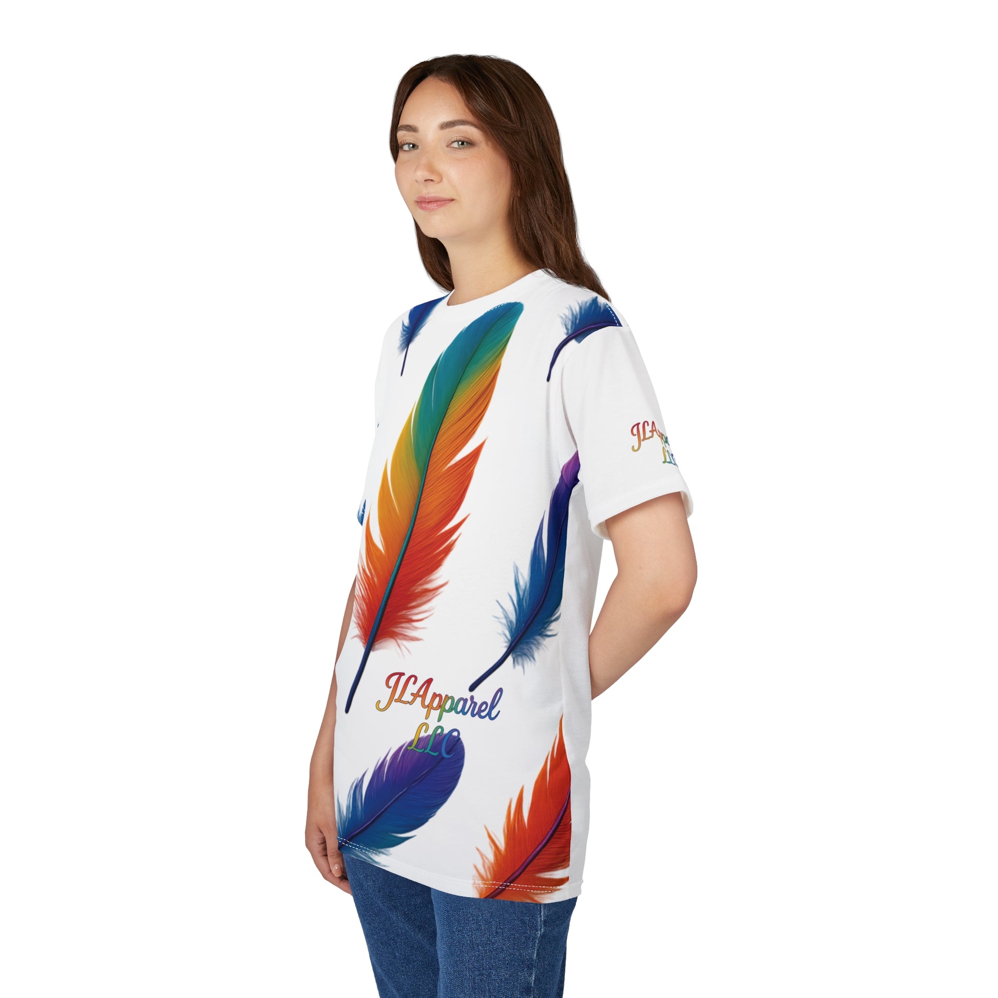 Colorful Feather Unisex Tee, Vibrant AOP T-Shirt for Nature Lovers, Casual Wear, Gift for Friends, Summer Fashion, LGBTQ+ Pride