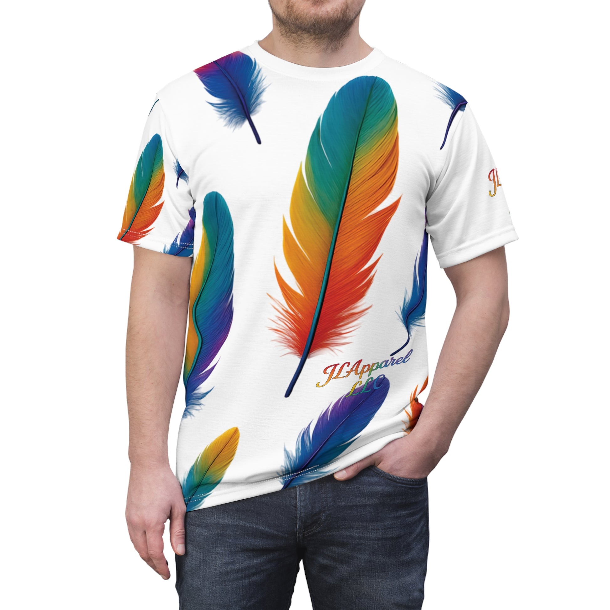 Colorful Feather Unisex Tee, Vibrant AOP T-Shirt for Nature Lovers, Casual Wear, Gift for Friends, Summer Fashion, LGBTQ+ Pride