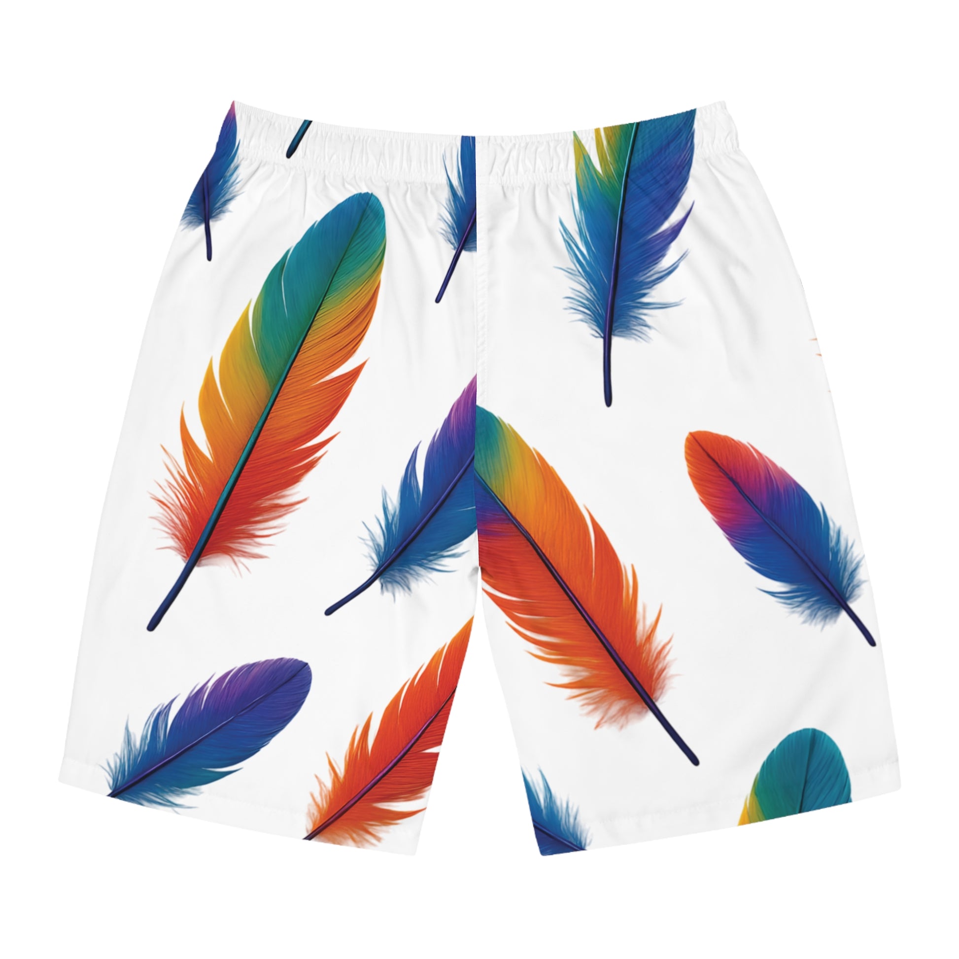 Vibrant Feather Print Men's Board Shorts, Summer Swimwear, Beach Vacation, Pool Party Essentials, LGBTQ+ Pride Apparel
