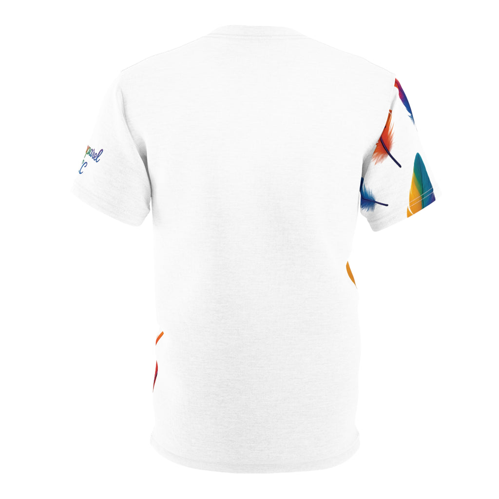 Colorful Feather Unisex Tee, Vibrant AOP T-Shirt for Nature Lovers, Casual Wear, Gift for Friends, Summer Fashion, LGBTQ+ Pride