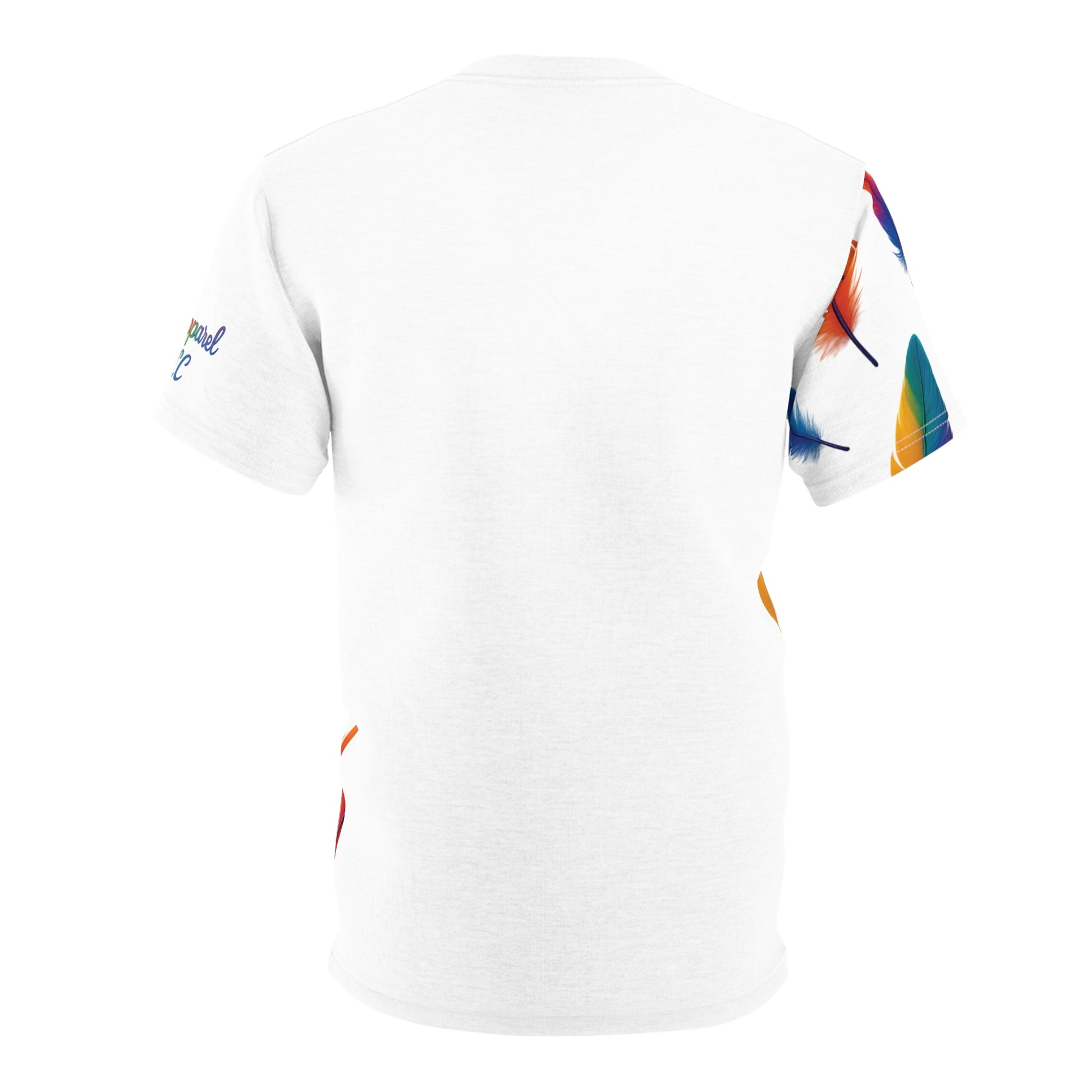 Colorful Feather Unisex Tee, Vibrant AOP T-Shirt for Nature Lovers, Casual Wear, Gift for Friends, Summer Fashion, LGBTQ+ Pride