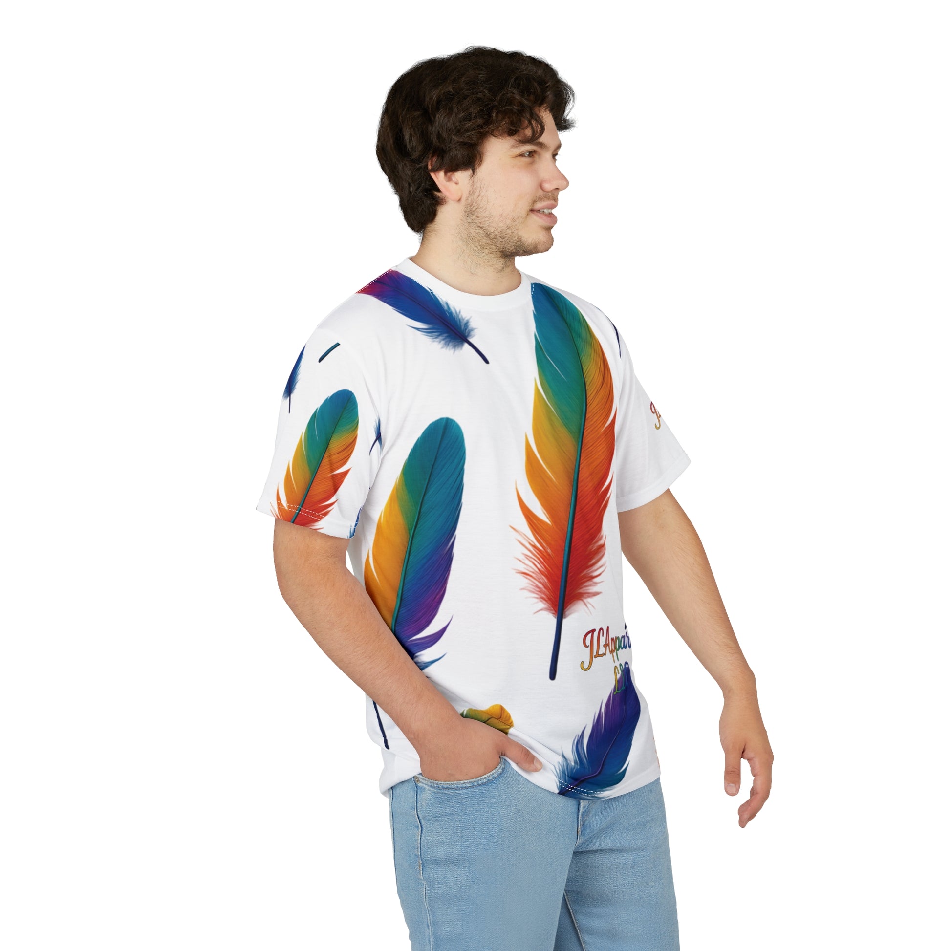 Colorful Feather Unisex Tee, Vibrant AOP T-Shirt for Nature Lovers, Casual Wear, Gift for Friends, Summer Fashion, LGBTQ+ Pride