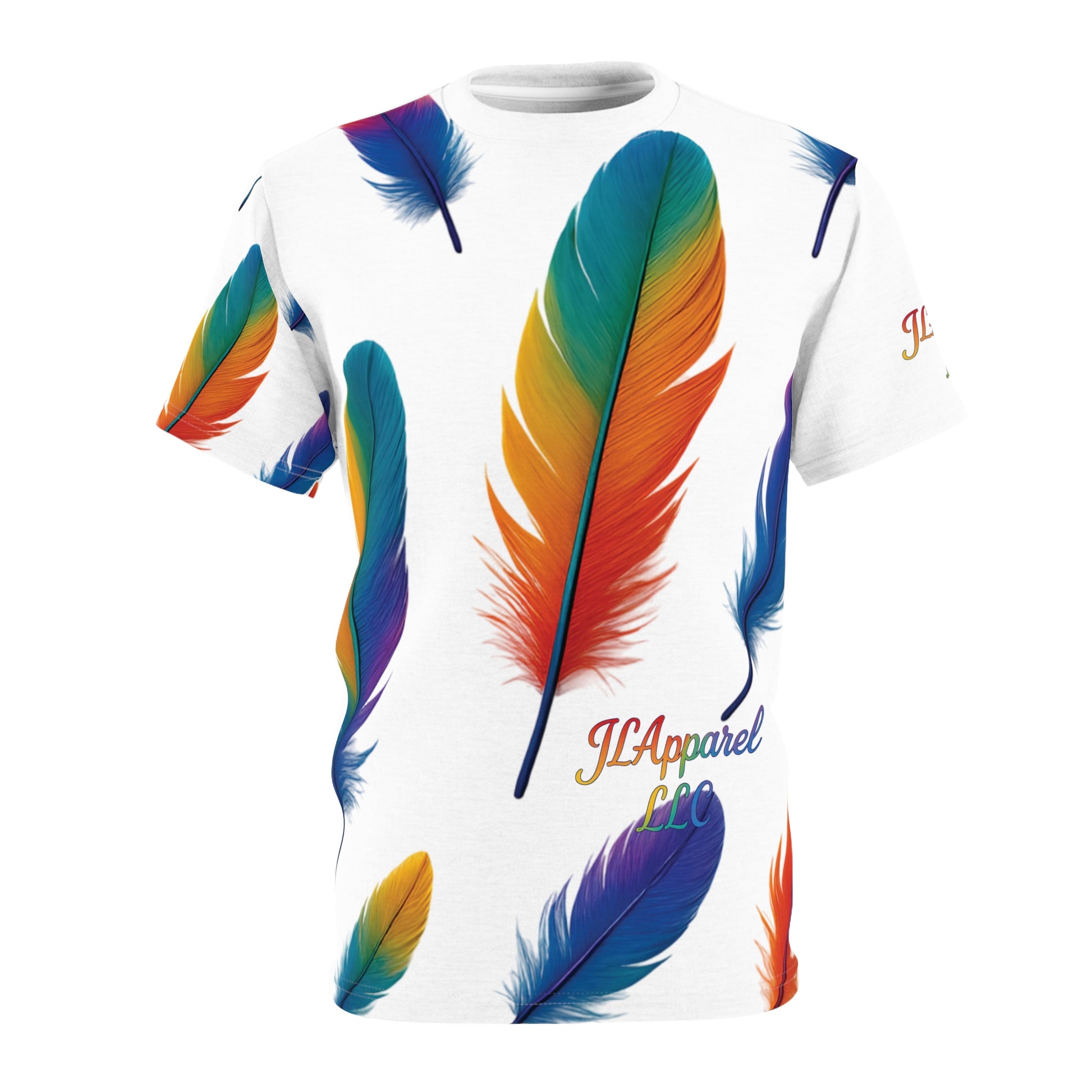 Colorful Feather Unisex Tee, Vibrant AOP T-Shirt for Nature Lovers, Casual Wear, Gift for Friends, Summer Fashion, LGBTQ+ Pride