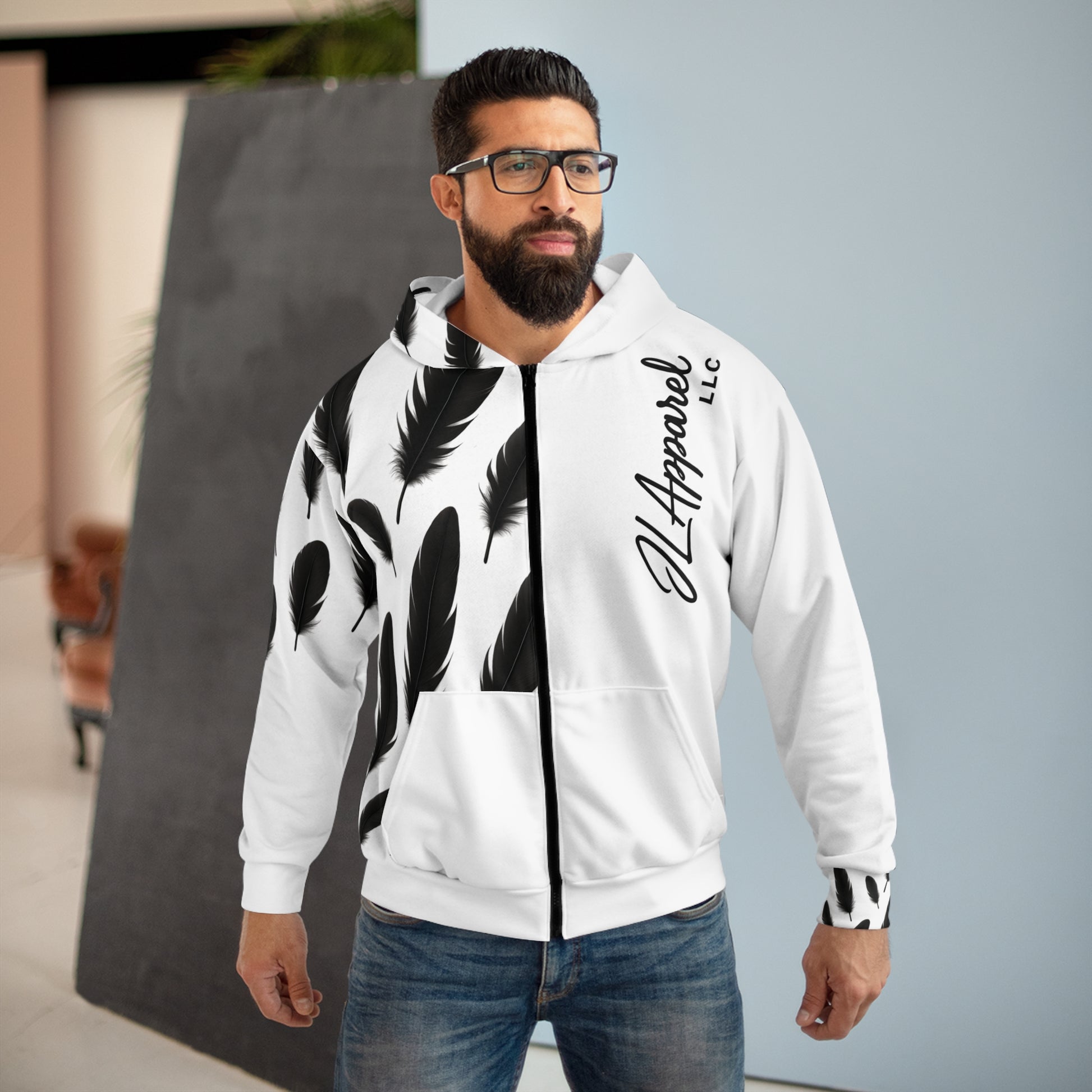 Stylish Feather Print Unisex Zip Hoodie, Casual Wear, Cozy Outerwear, Gifts for Friends, Fashion Statement