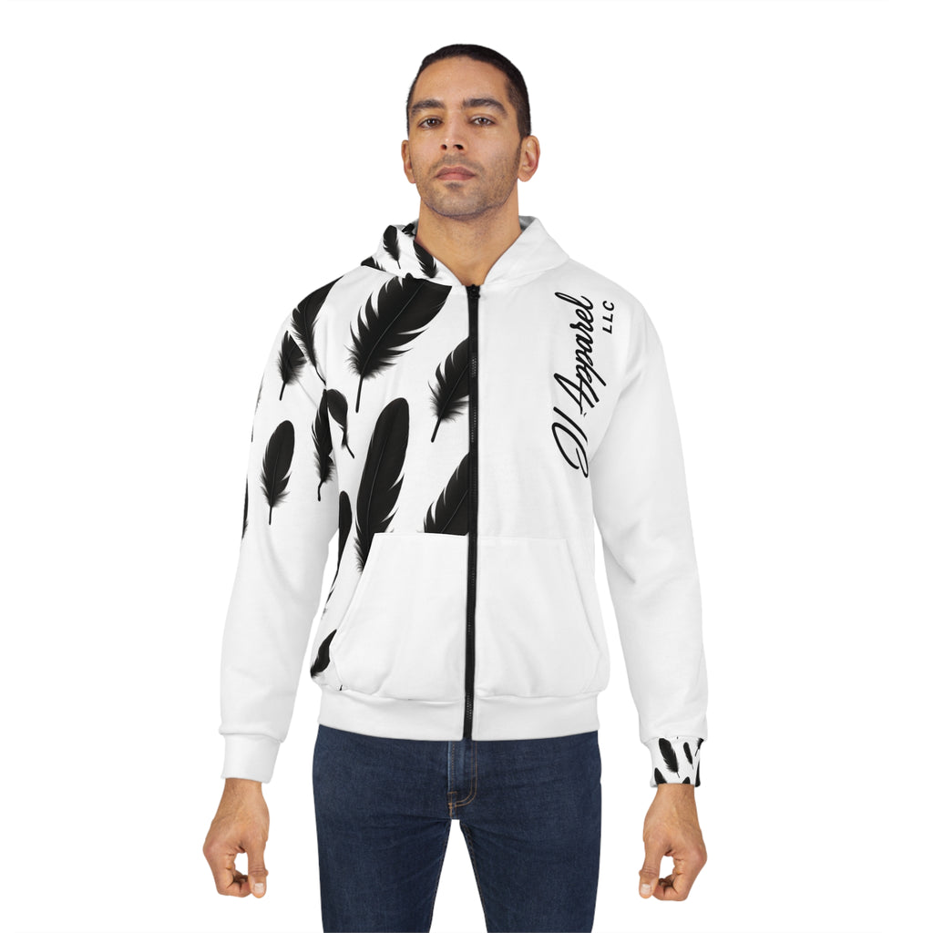 Stylish Feather Print Unisex Zip Hoodie, Casual Wear, Cozy Outerwear, Gifts for Friends, Fashion Statement