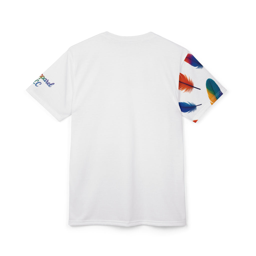 Colorful Feather Unisex Tee, Vibrant AOP T-Shirt for Nature Lovers, Casual Wear, Gift for Friends, Summer Fashion, LGBTQ+ Pride